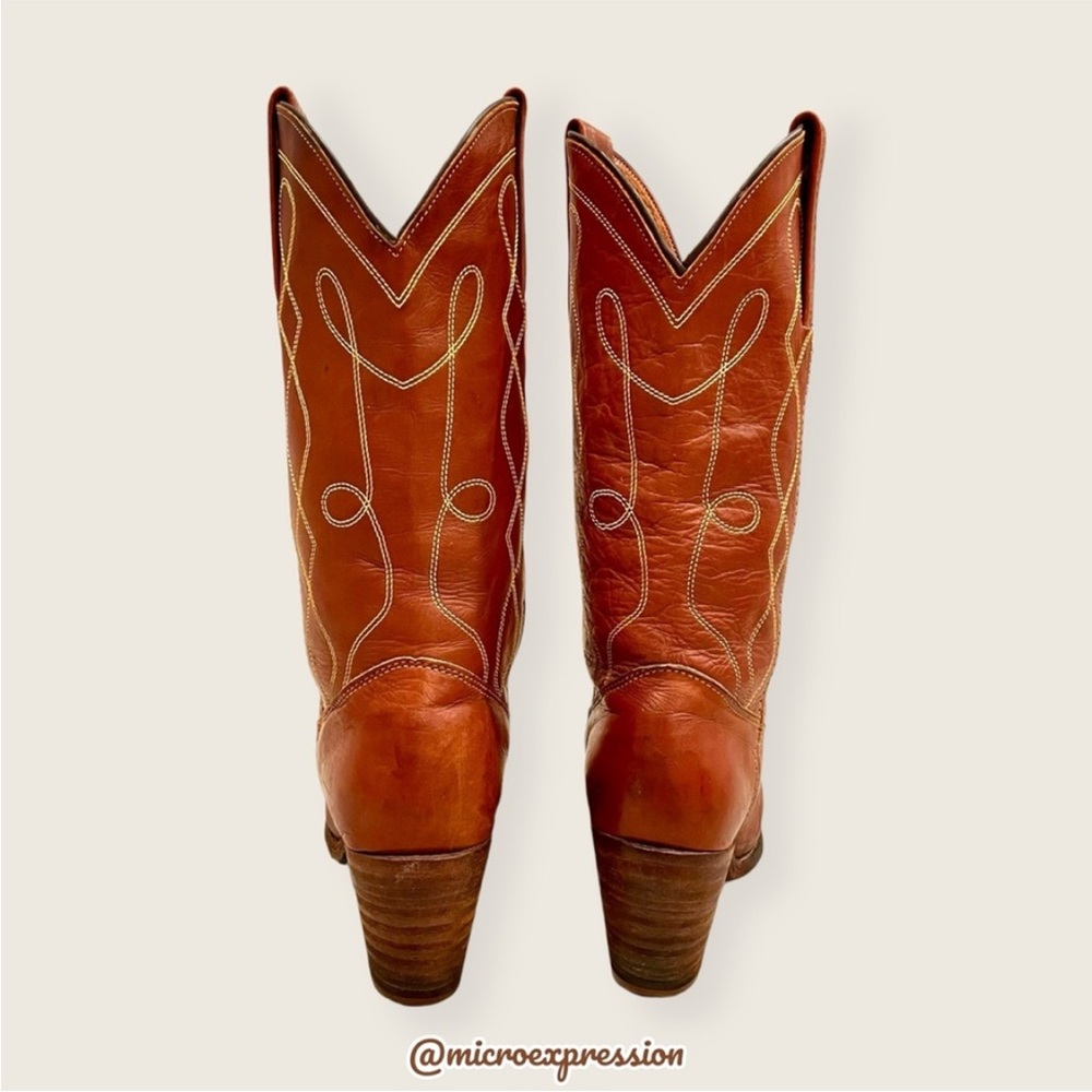 1980's VINTAGE Frye Swirl Stitch Embroidered Cognac Brown Leather Cowboy Boot - Picture 5 of 10